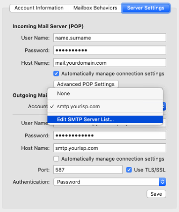 Mail de OS X - Cuentas - Configuración del servidor - Editar SMTP