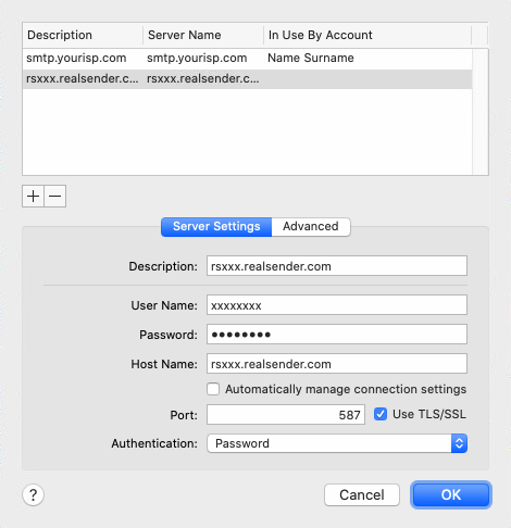 Mail de OS X - Cuentas - Configuración del servidor - Lista de servidores SMTP