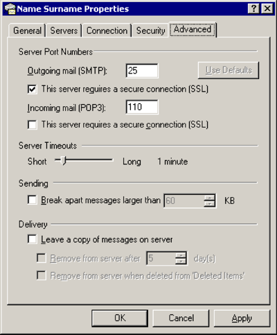 Outlook Express - Cuentas de Internet - Correo - Propiedades - Avanzadas