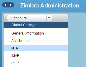 Zimbra Admin - Configuración - Ajustes generales - MTA