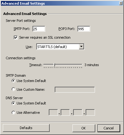 GroupMail - Propiedades de la cuenta - Opciones de entrega - Configuración avanzada del correo electrónico