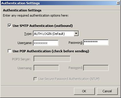 GroupMail - Propiedades de la cuenta - Opciones de entrega - Configuración de autenticación