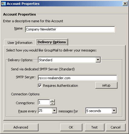 GroupMail - Propiedades de la cuenta - Opciones de entrega