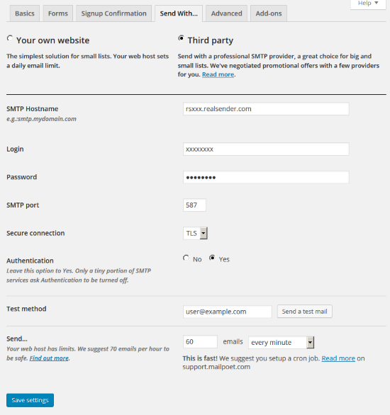 mailpoet - configuración - enviar con