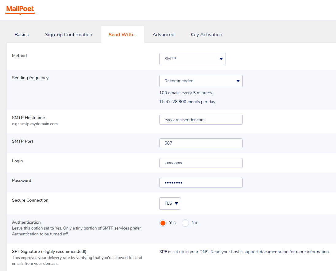 MailPoet - Configuración - Enviar con - SMTP